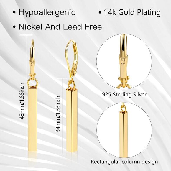 925 Sterling Silver Bar Dangle Drop Earrings for Women, 14K Gold French Style Le - Picture 5 of 8
